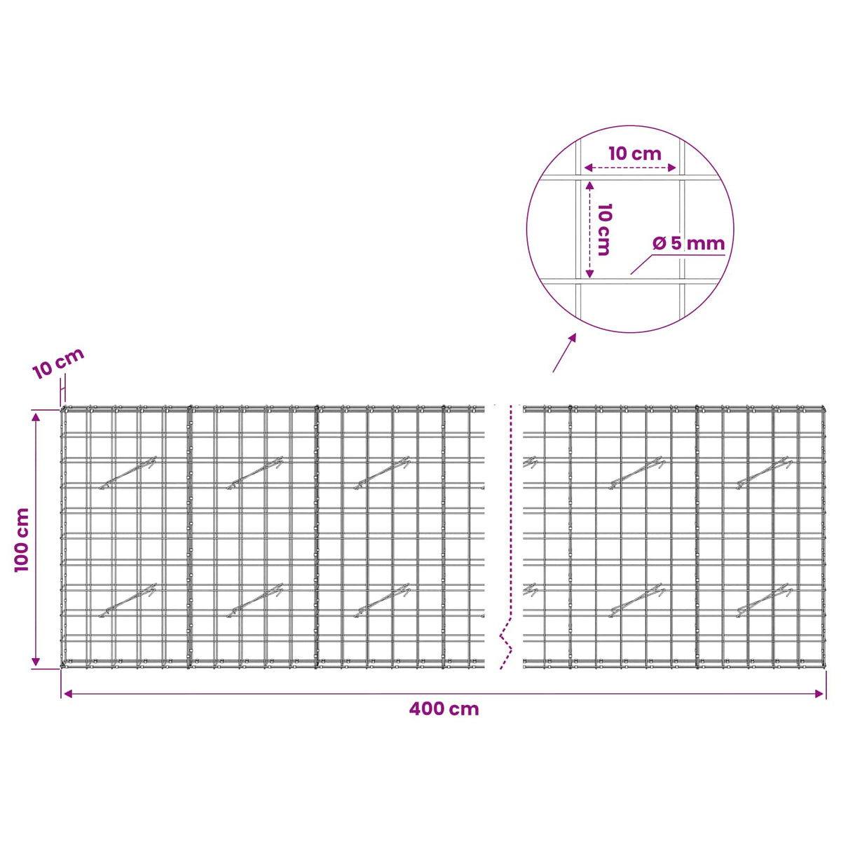 vidaXL Gabion z drutem 5 mm i siatką 10x10 cm 400x10x100 cm