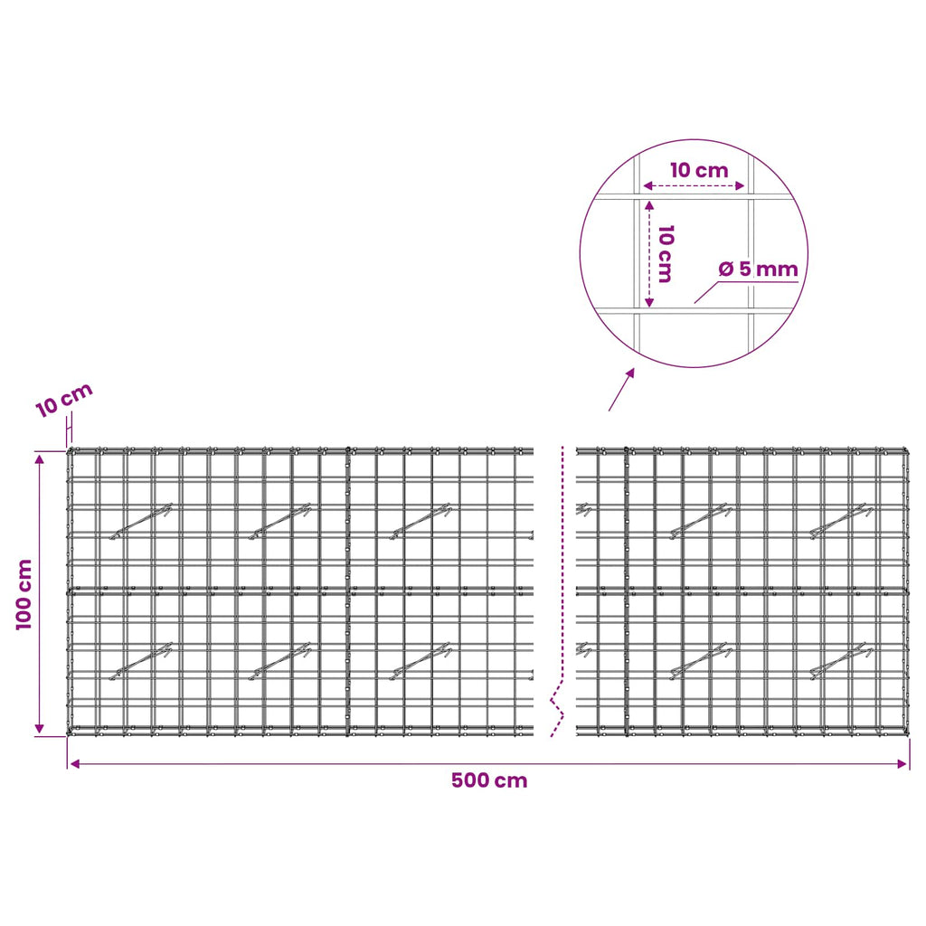 vidaXL Gabion z drutem 5 mm i siatką 10x10 cm 500x10x100 cm