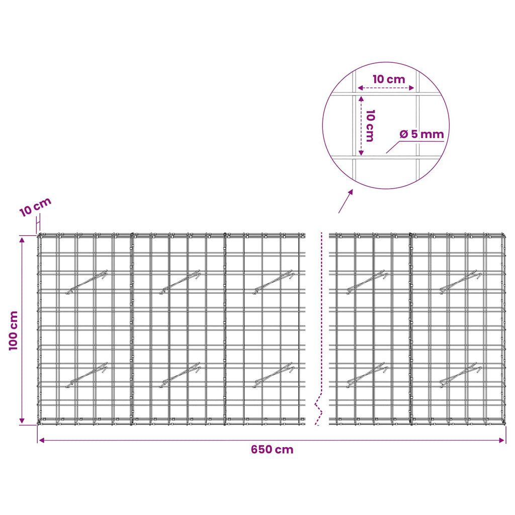 vidaXL Gabion z drutem 5 mm i siatką 10x10 cm 650x10x100 cm
