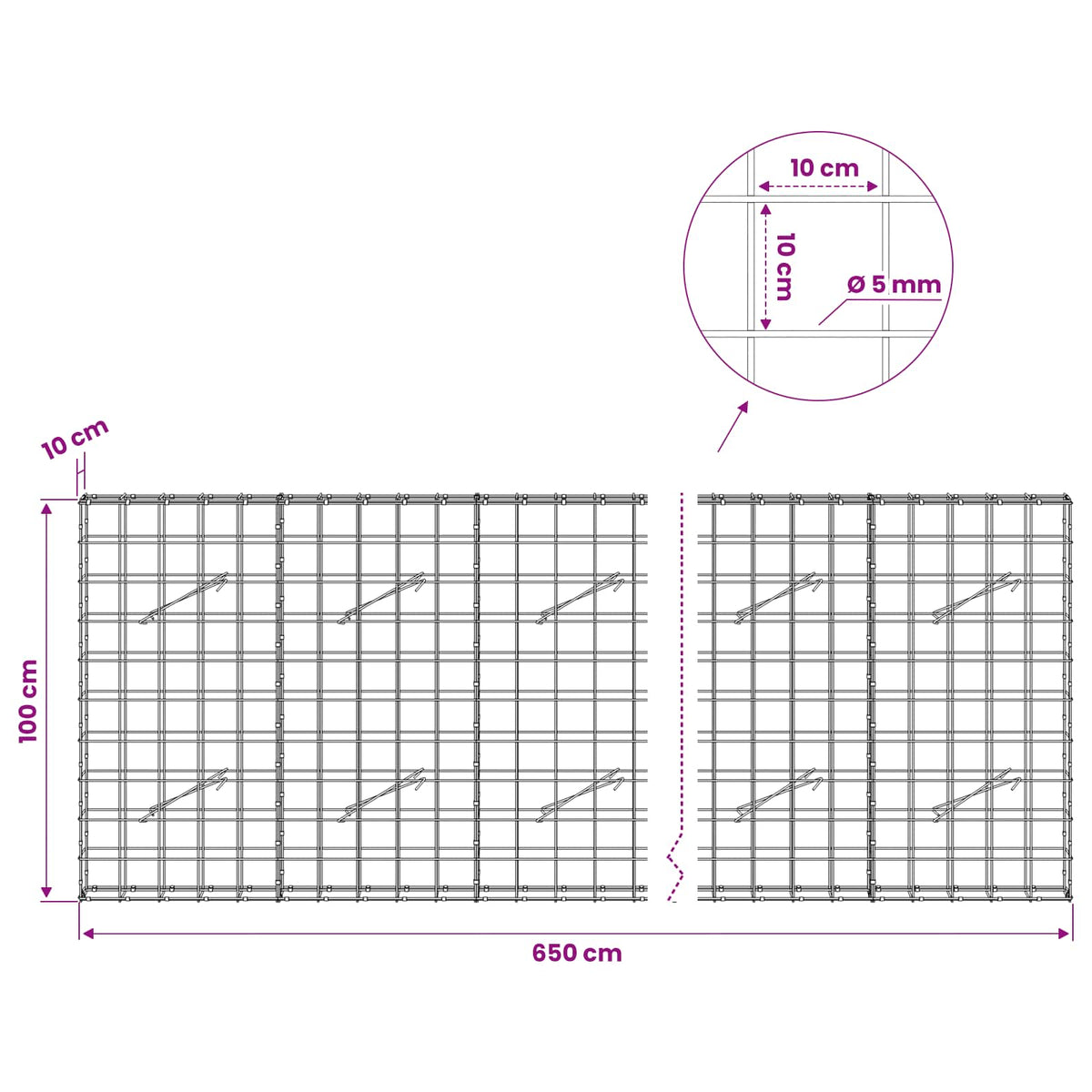 vidaXL Gabion z drutem 5 mm i siatką 10x10 cm 650x10x100 cm
