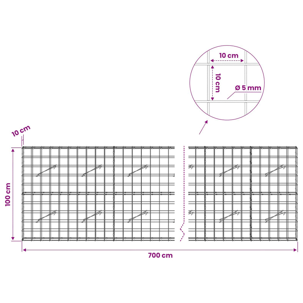 vidaXL Gabion z drutem 5 mm i siatką 10x10 cm 700x10x100 cm