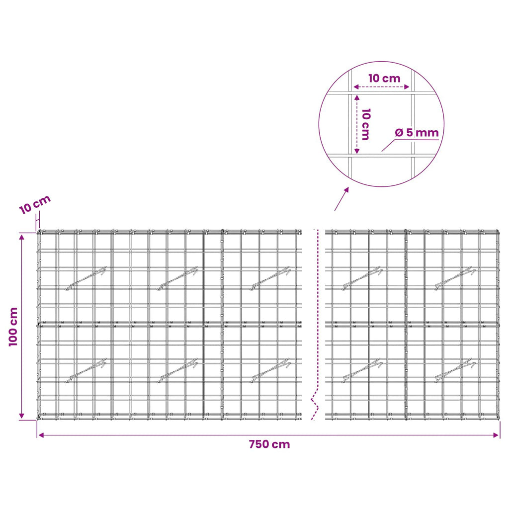 vidaXL Gabion z drutem 5 mm i siatką 10x10 cm 750x10x100 cm