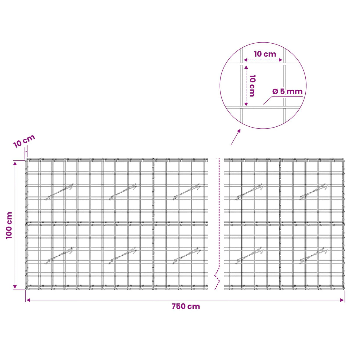 vidaXL Gabion z drutem 5 mm i siatką 10x10 cm 750x10x100 cm