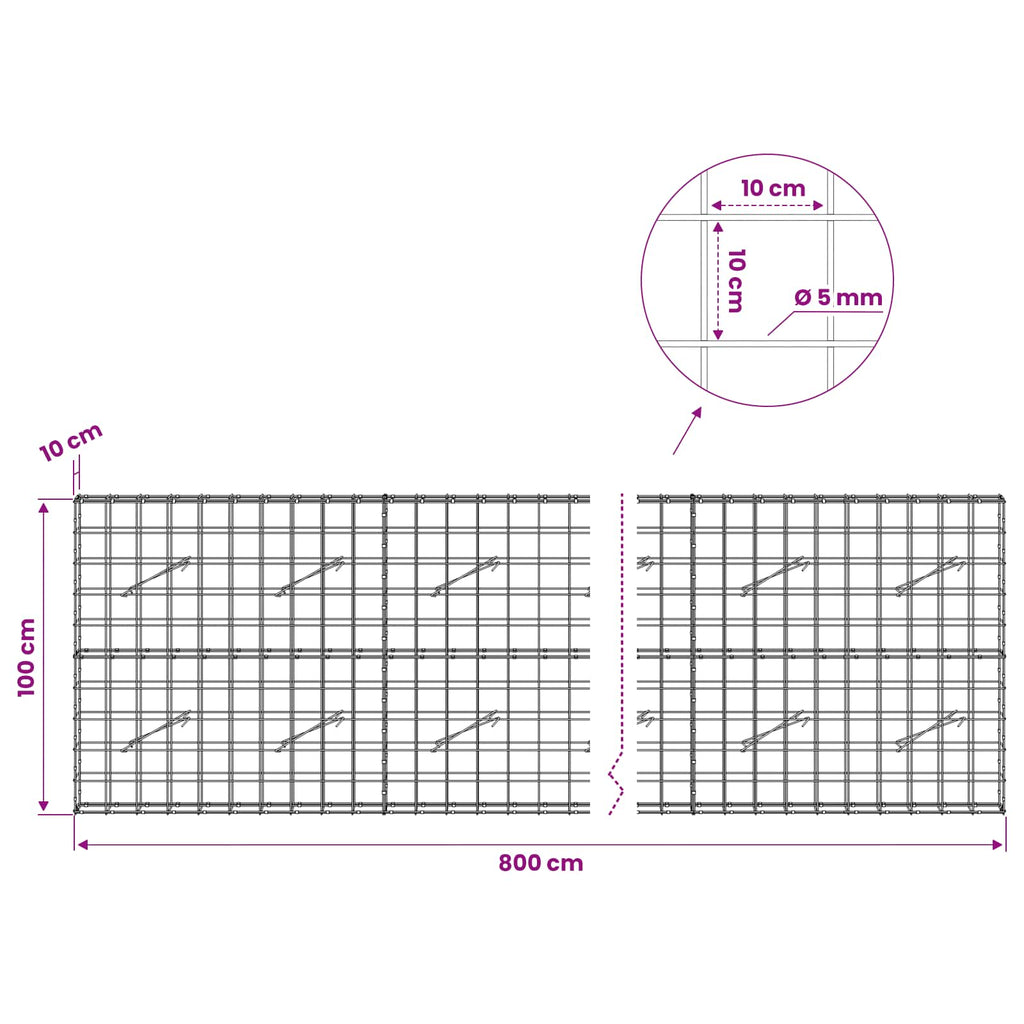 vidaXL Gabion z drutem 5 mm i siatką 10x10 cm 800x10x100 cm