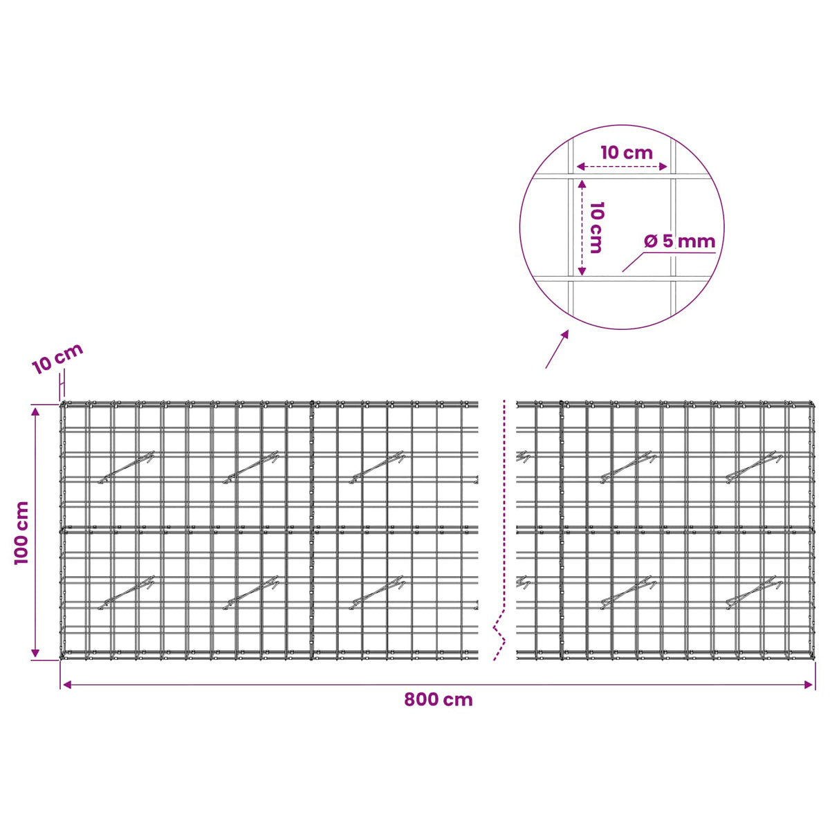 vidaXL Gabion z drutem 5 mm i siatką 10x10 cm 800x10x100 cm