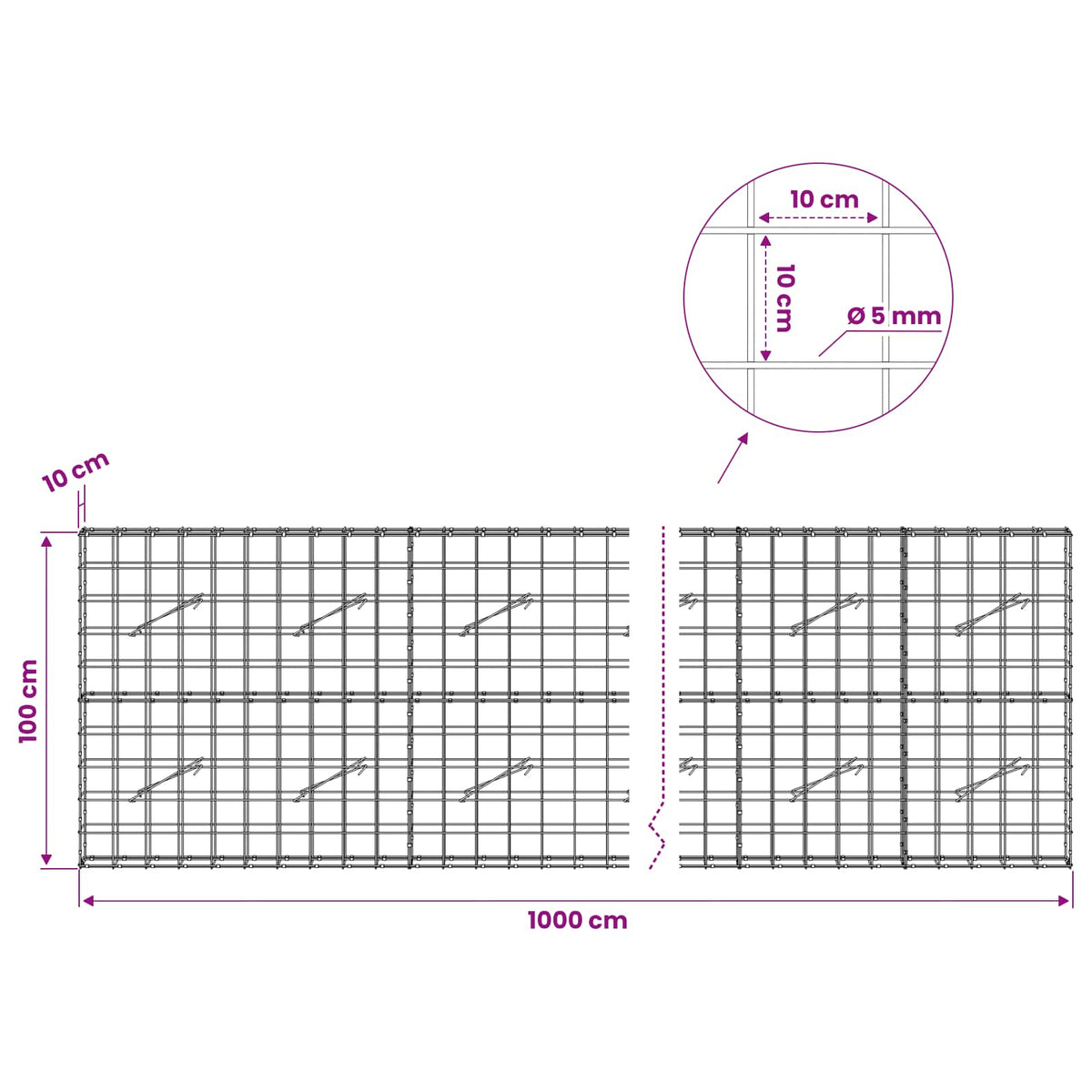 vidaXL Gabion z drutem 5 mm i siatką 10x10 cm 1000x10x100 cm