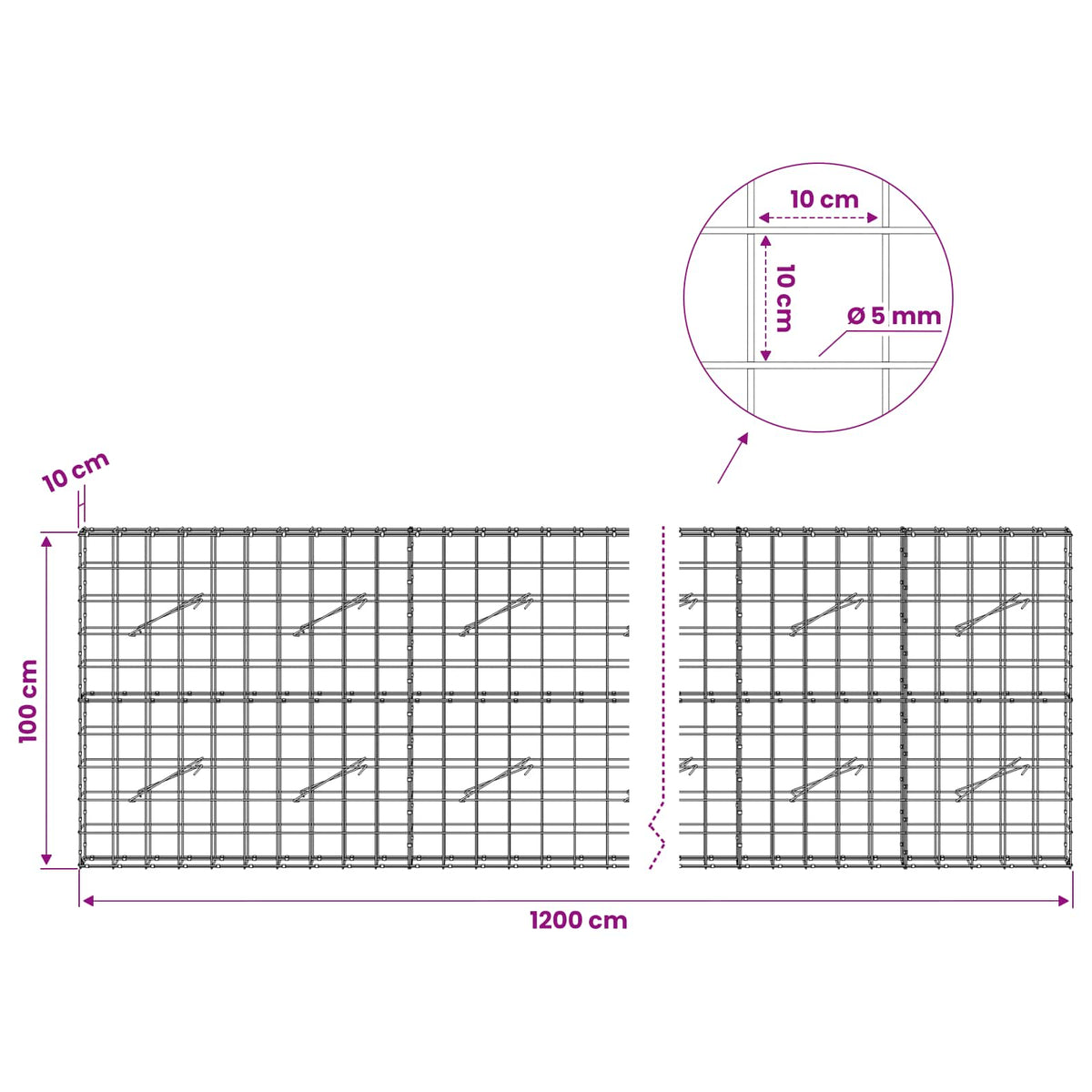 vidaXL Gabion z drutem 5 mm i siatką 10x10 cm 1200x10x100 cm
