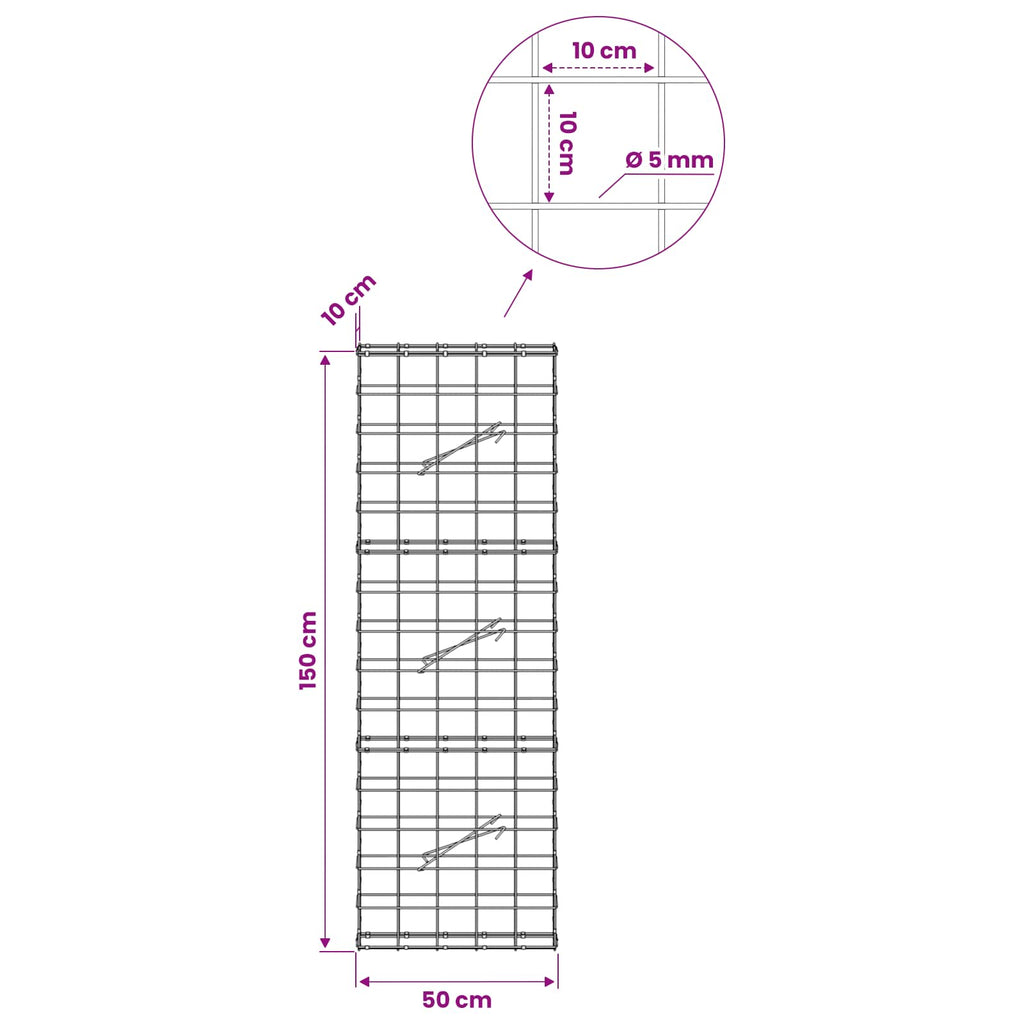 vidaXL Gabion z drutem 5 mm i siatką 10x10 cm 50x10x150 cm