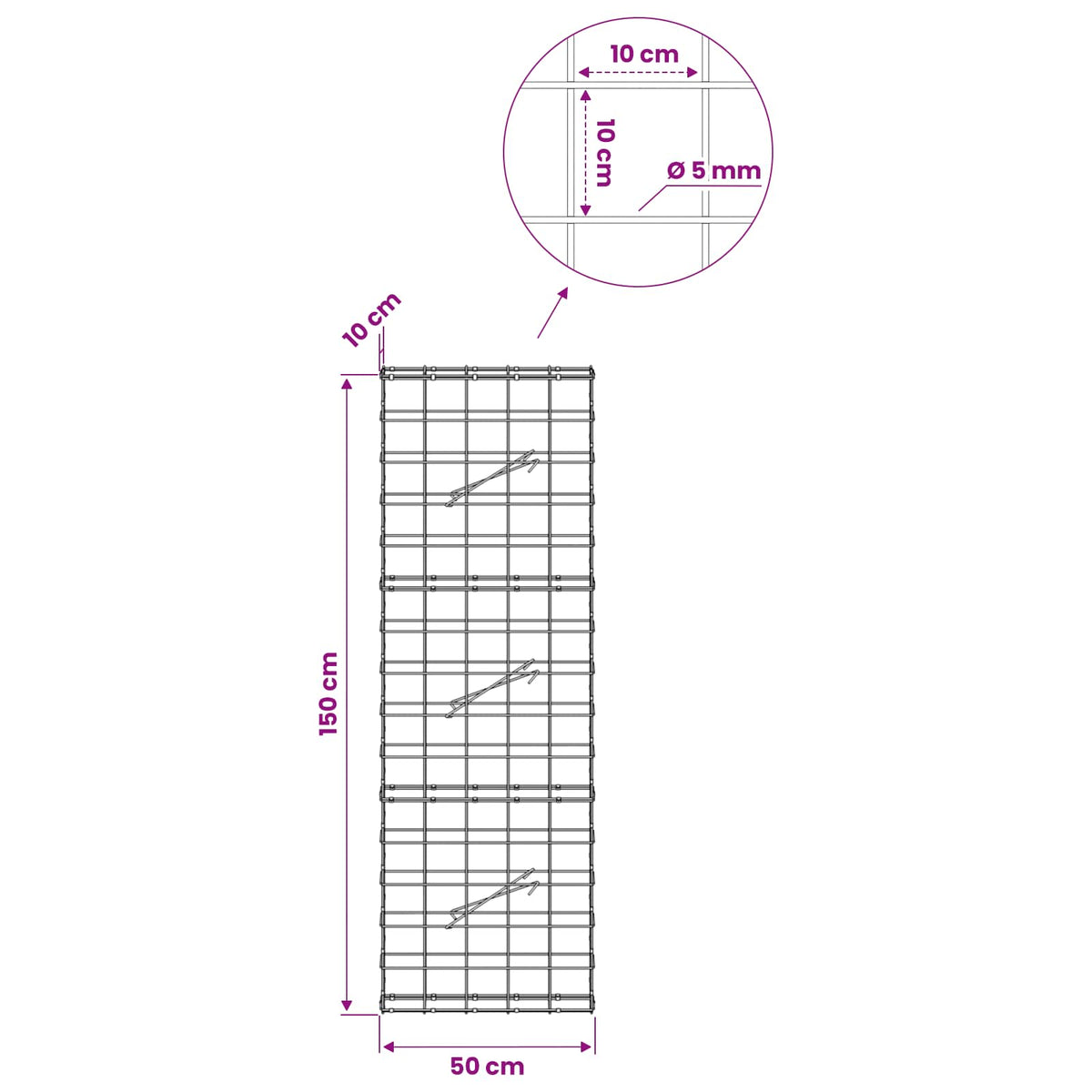 vidaXL Gabion z drutem 5 mm i siatką 10x10 cm 50x10x150 cm