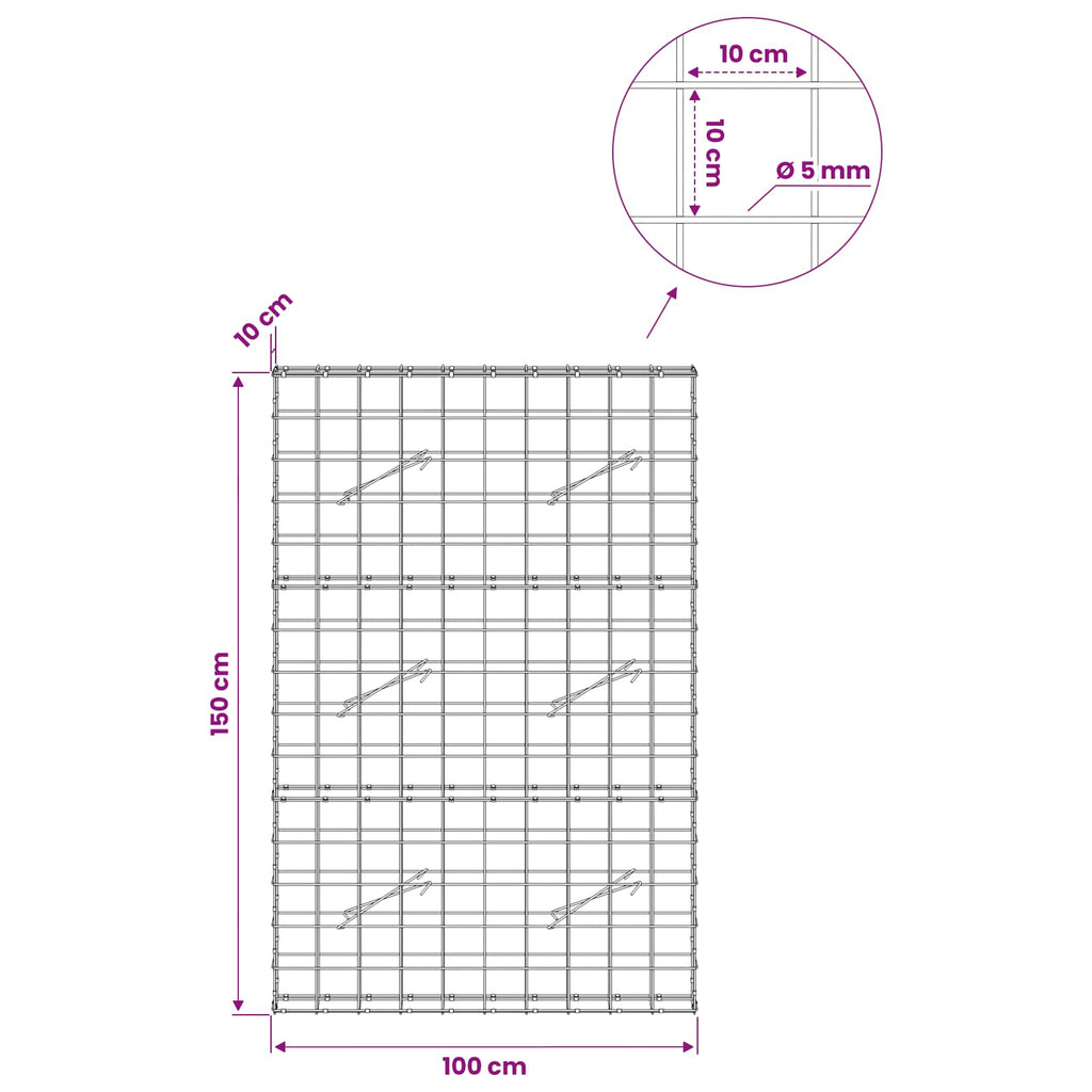 vidaXL Gabion z drutem 5 mm i siatką 10x10 cm 100x10x150 cm