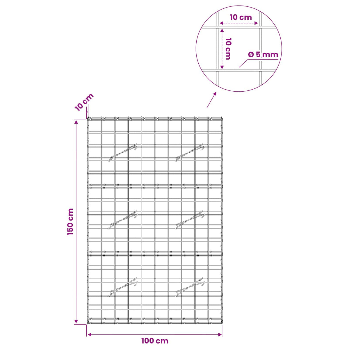 vidaXL Gabion z drutem 5 mm i siatką 10x10 cm 100x10x150 cm