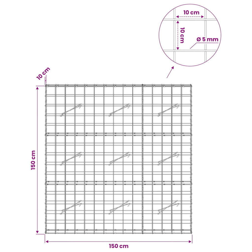 vidaXL Gabion z drutem 5 mm i siatką 10x10 cm 150x10x150 cm