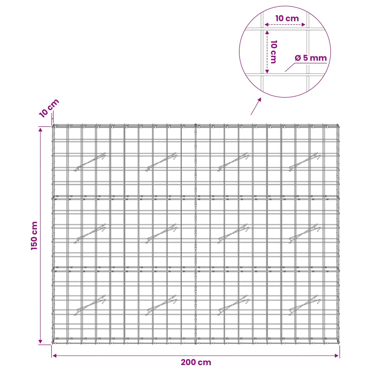 vidaXL Gabion z drutem 5 mm i siatką 10x10 cm 200x10x150 cm
