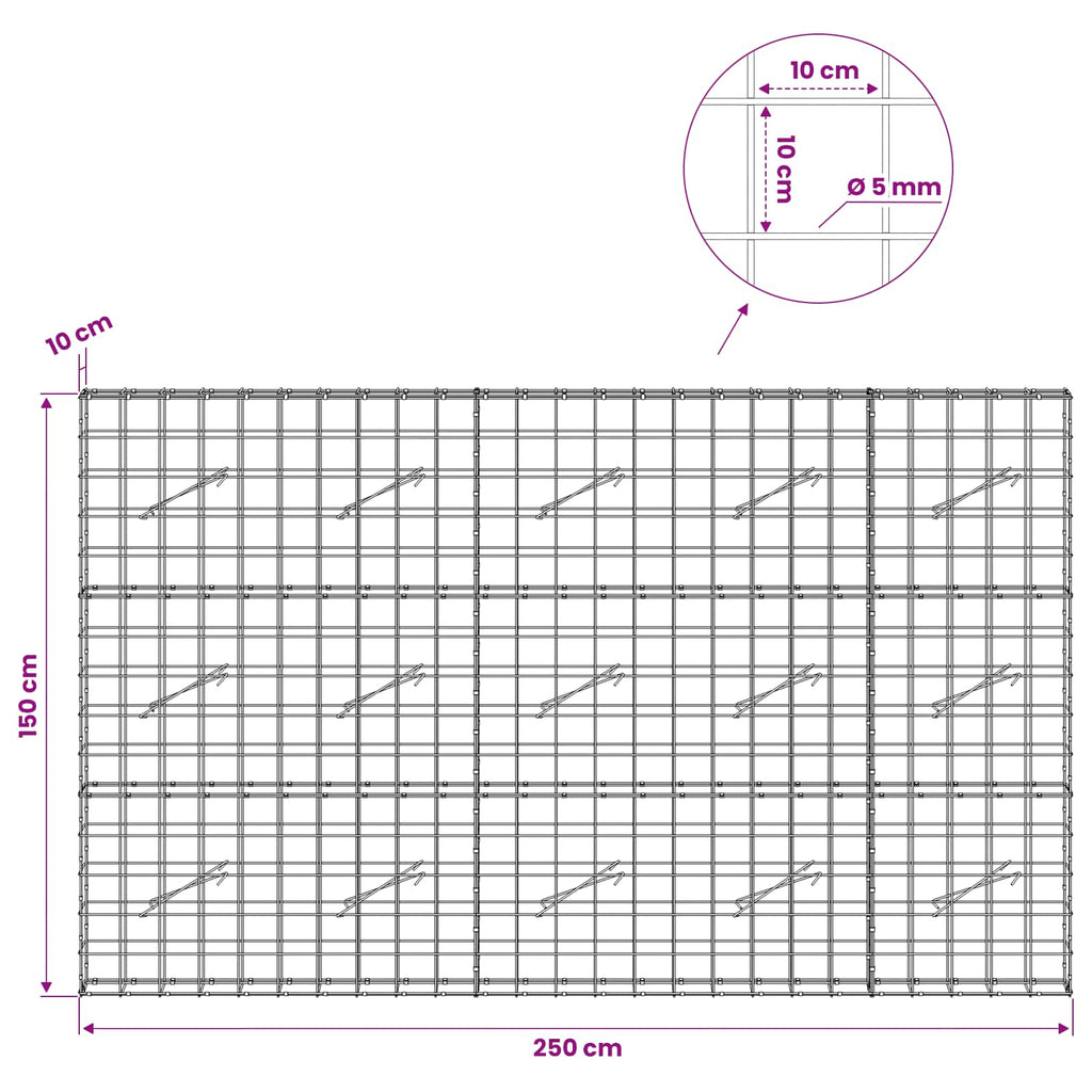 vidaXL Gabion z drutem 5 mm i siatką 10x10 cm 250x10x150 cm