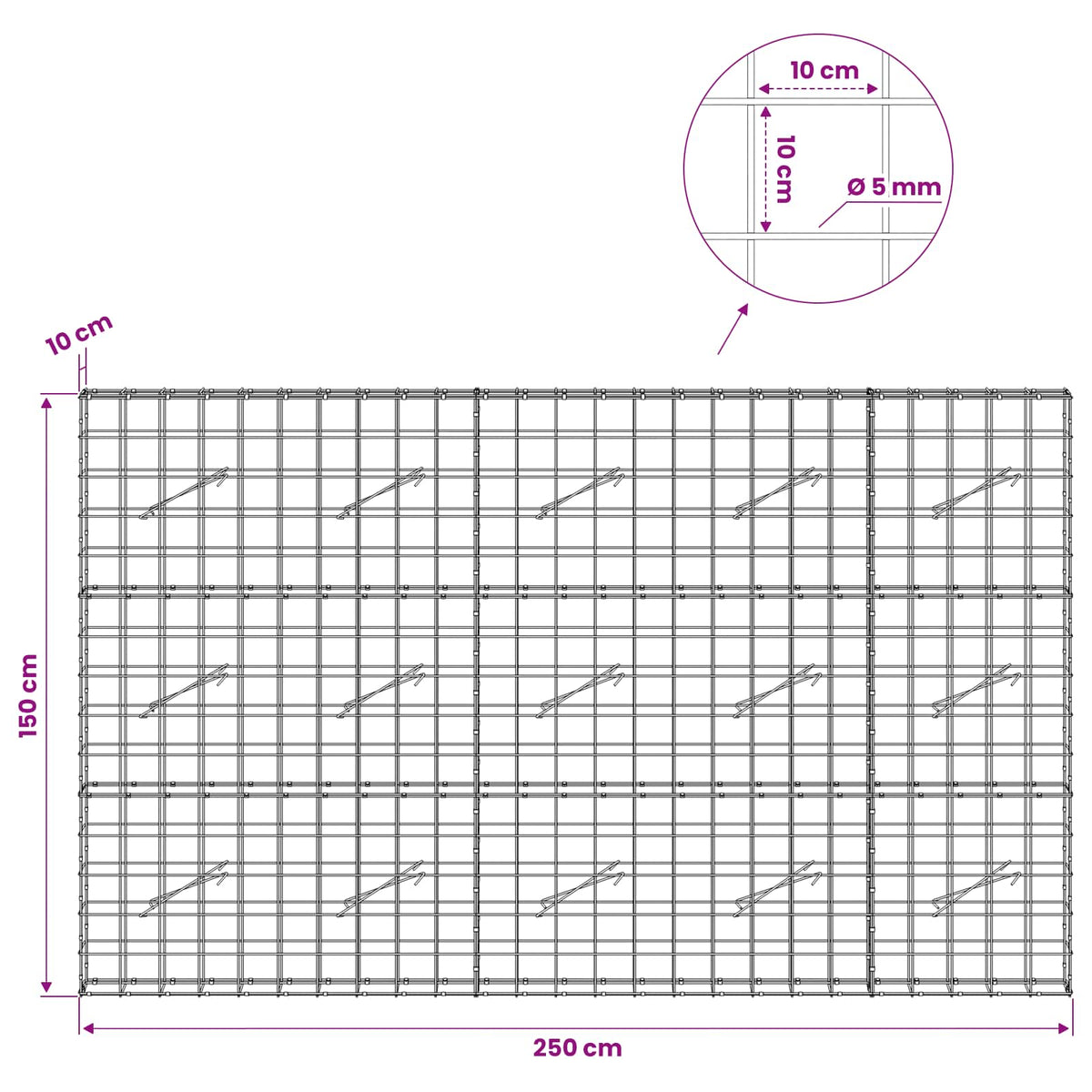 vidaXL Gabion z drutem 5 mm i siatką 10x10 cm 250x10x150 cm