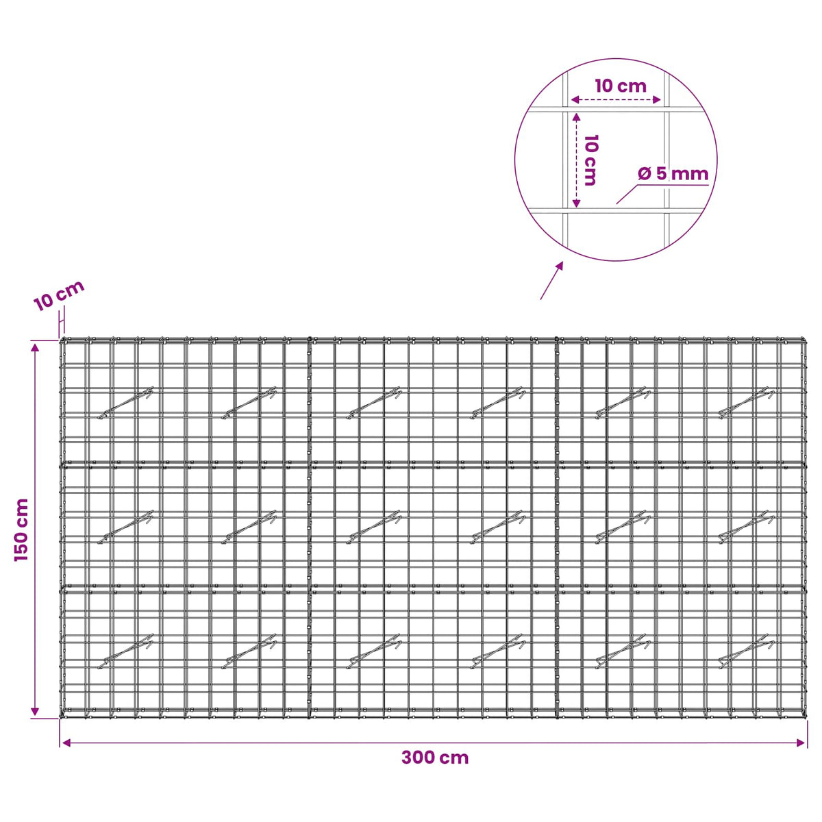 vidaXL Gabion z drutem 5 mm i siatką 10x10 cm 300x10x150 cm