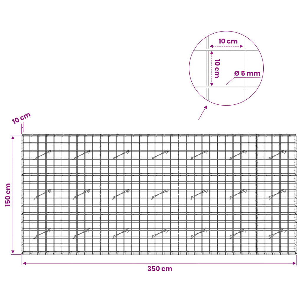 vidaXL Gabion z drutem 5 mm i siatką 10x10 cm 350x10x150 cm