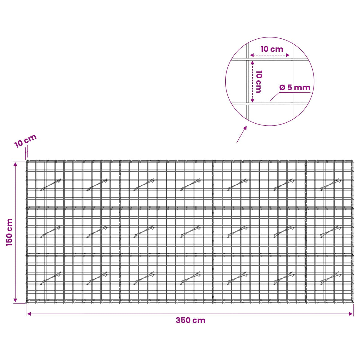 vidaXL Gabion z drutem 5 mm i siatką 10x10 cm 350x10x150 cm