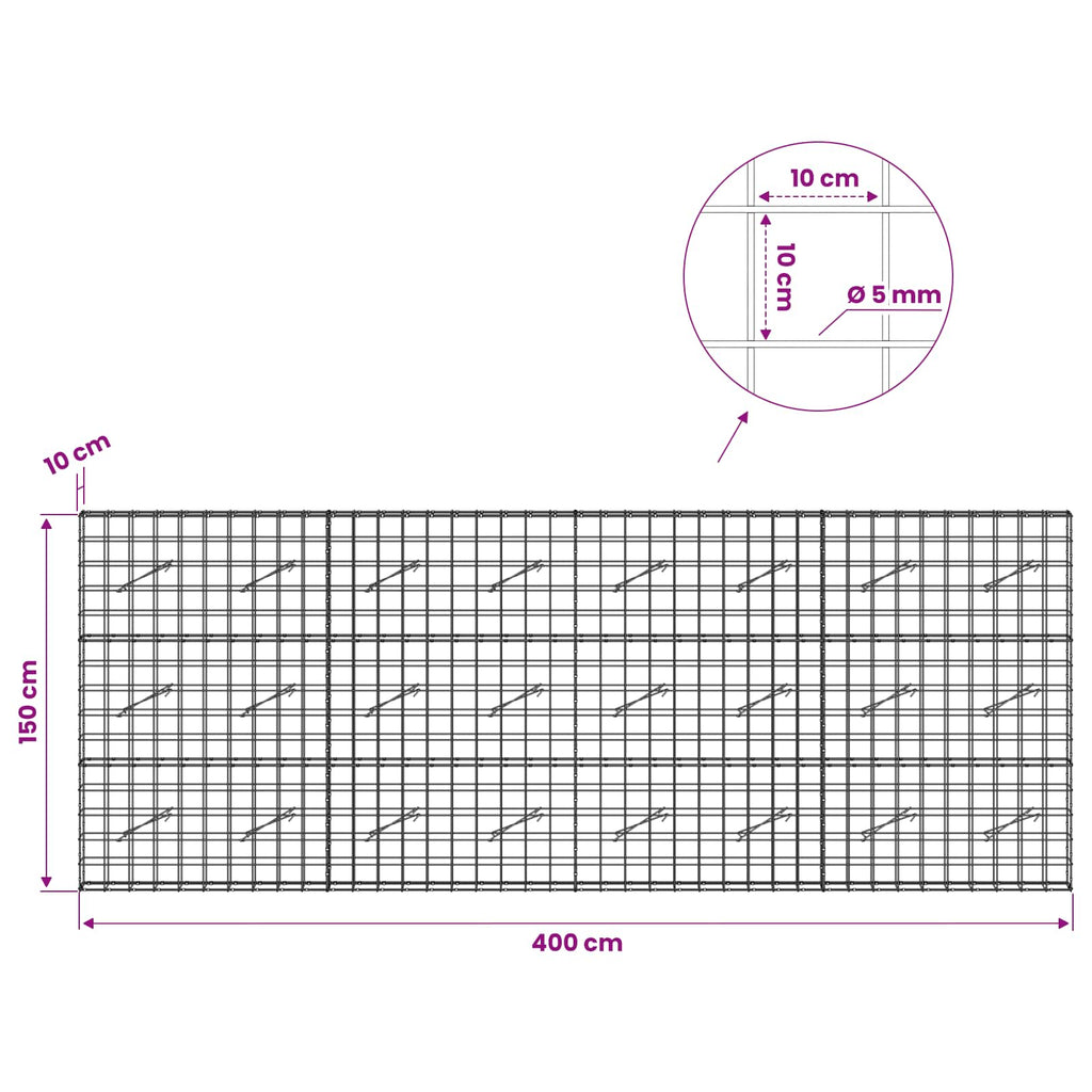 vidaXL Gabion z drutem 5 mm i siatką 10x10 cm 400x10x150 cm