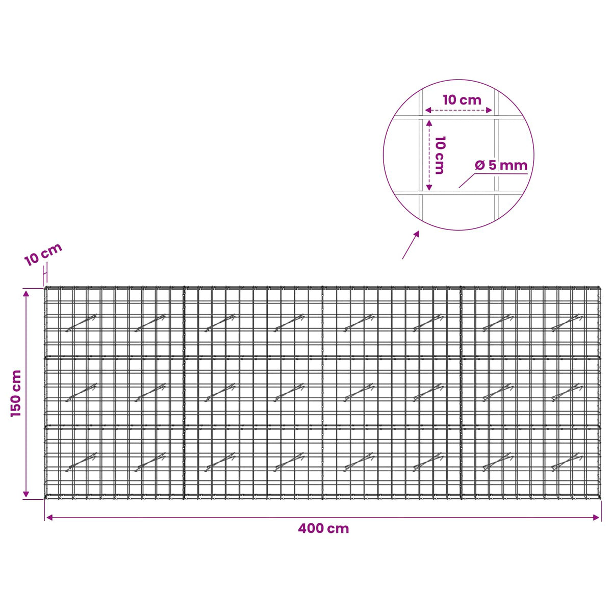 vidaXL Gabion z drutem 5 mm i siatką 10x10 cm 400x10x150 cm