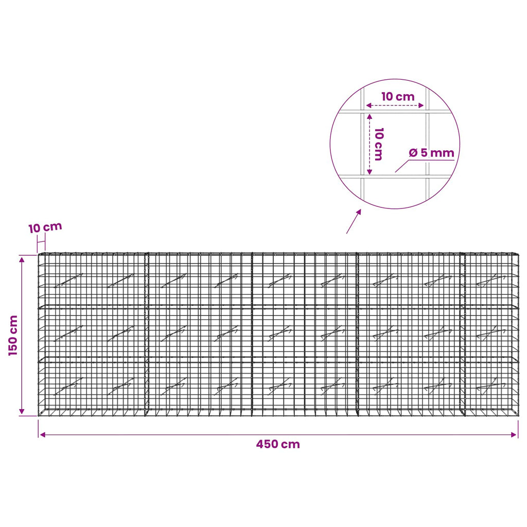 vidaXL Gabion z drutem 5 mm i siatką 10x10 cm 450x10x150 cm
