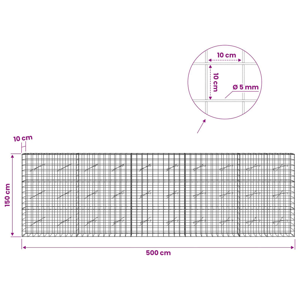 vidaXL Gabion z drutem 5 mm i siatką 10x10 cm 500x10x150 cm