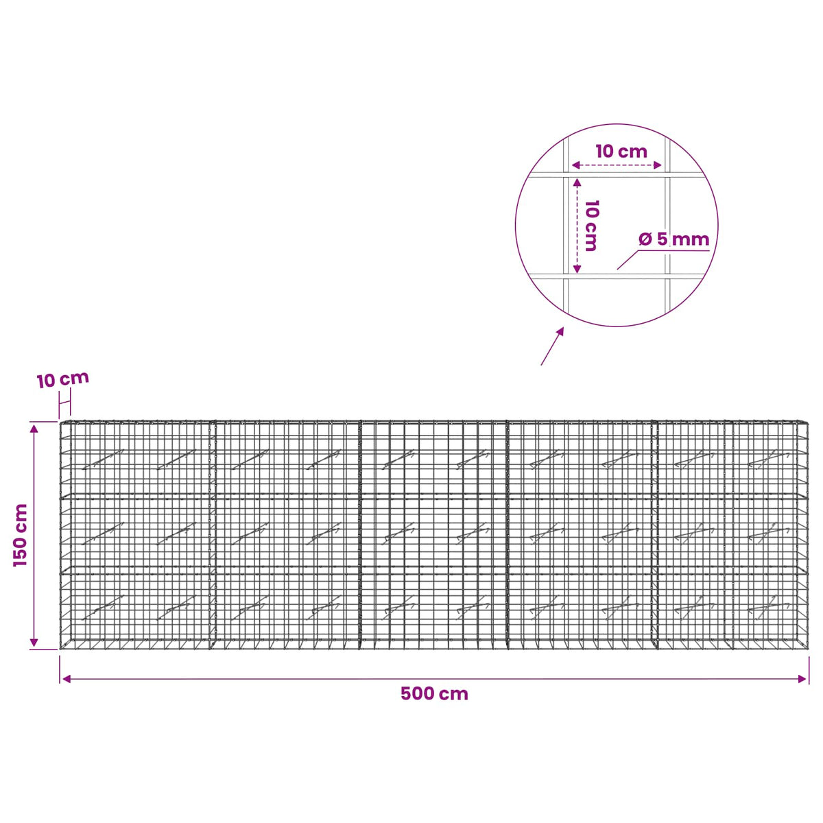 vidaXL Gabion z drutem 5 mm i siatką 10x10 cm 500x10x150 cm