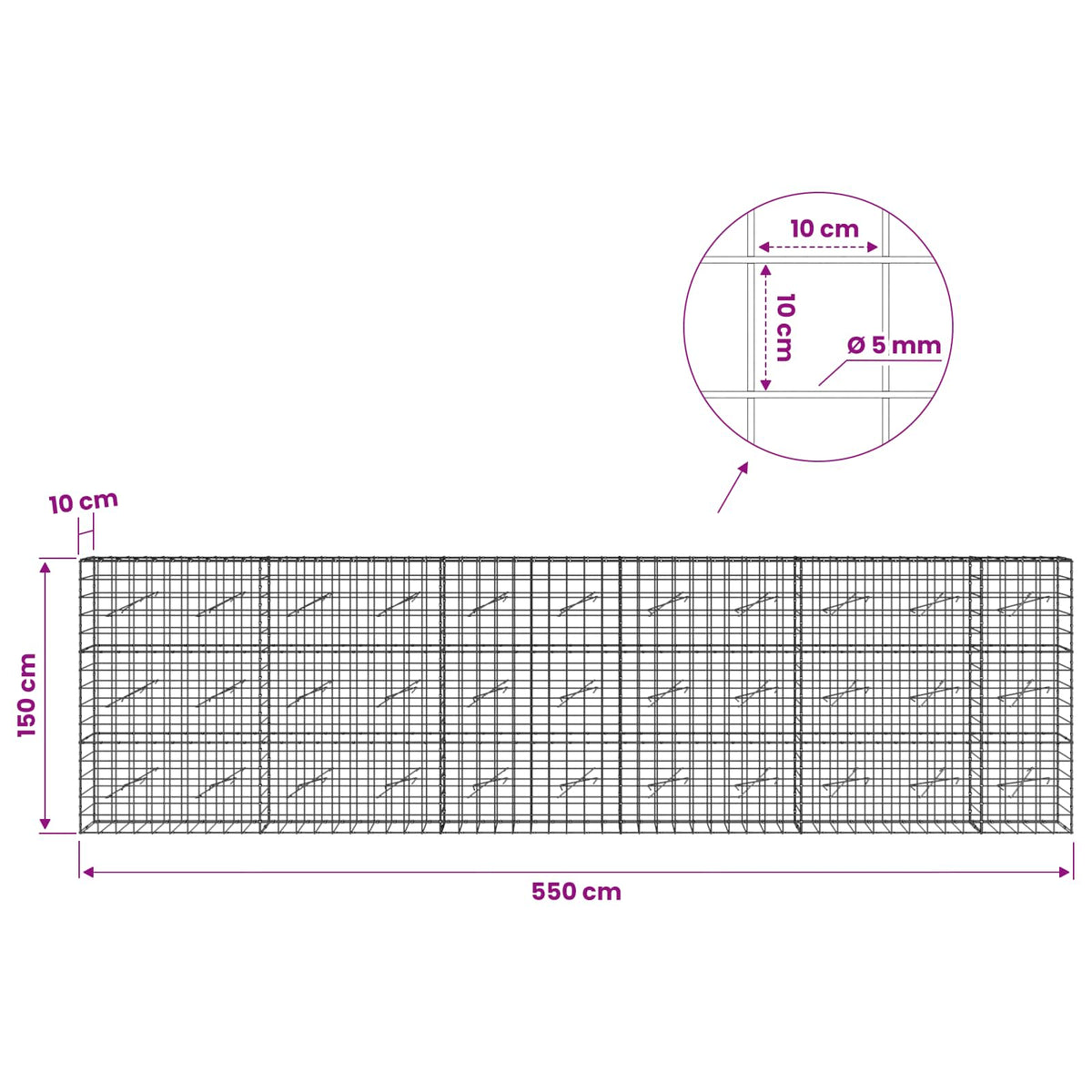 vidaXL Gabion z drutem 5 mm i siatką 10x10 cm 550x10x150 cm