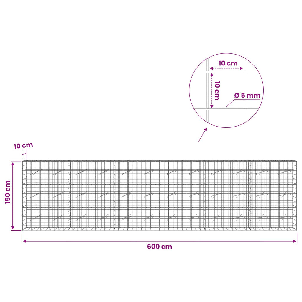 vidaXL Gabion z drutem 5 mm i siatką 10x10 cm 600x10x150 cm