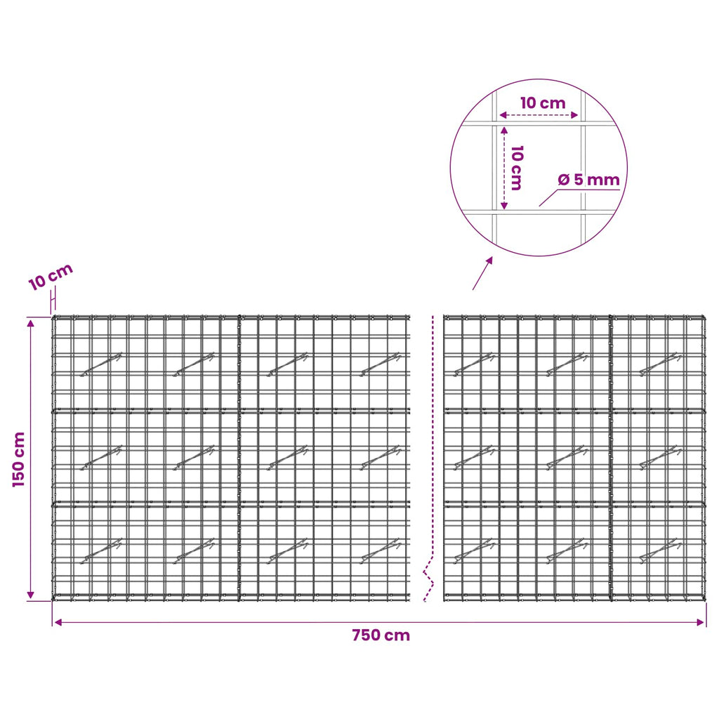 vidaXL Gabion z drutem 5 mm i siatką 10x10 cm 750x10x150 cm