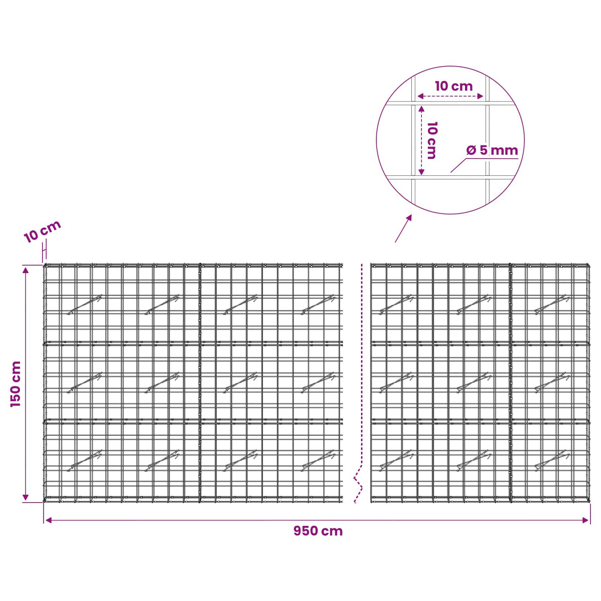 vidaXL Gabion z drutem 5 mm i siatką 10x10 cm 950x10x150 cm
