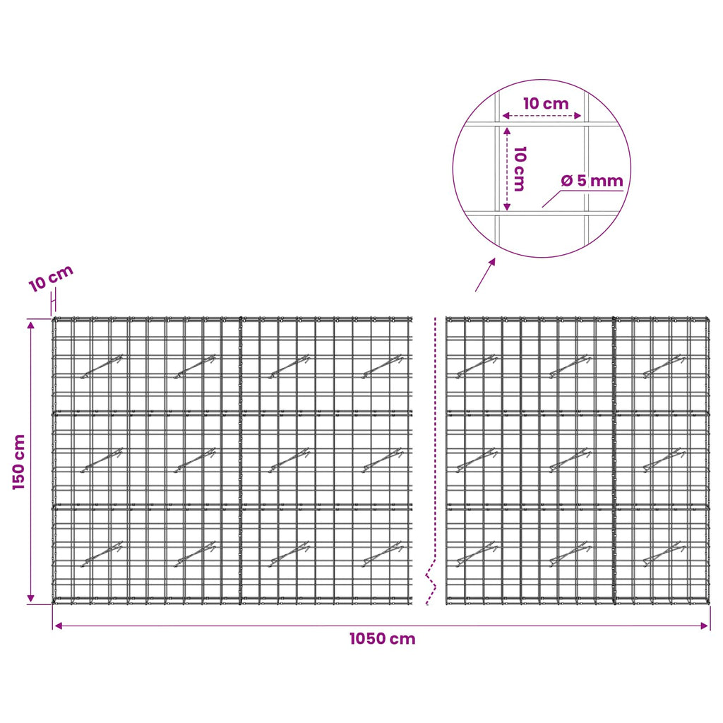 vidaXL Gabion z drutem 5 mm i siatką 10x10 cm 1050x10x150 cm