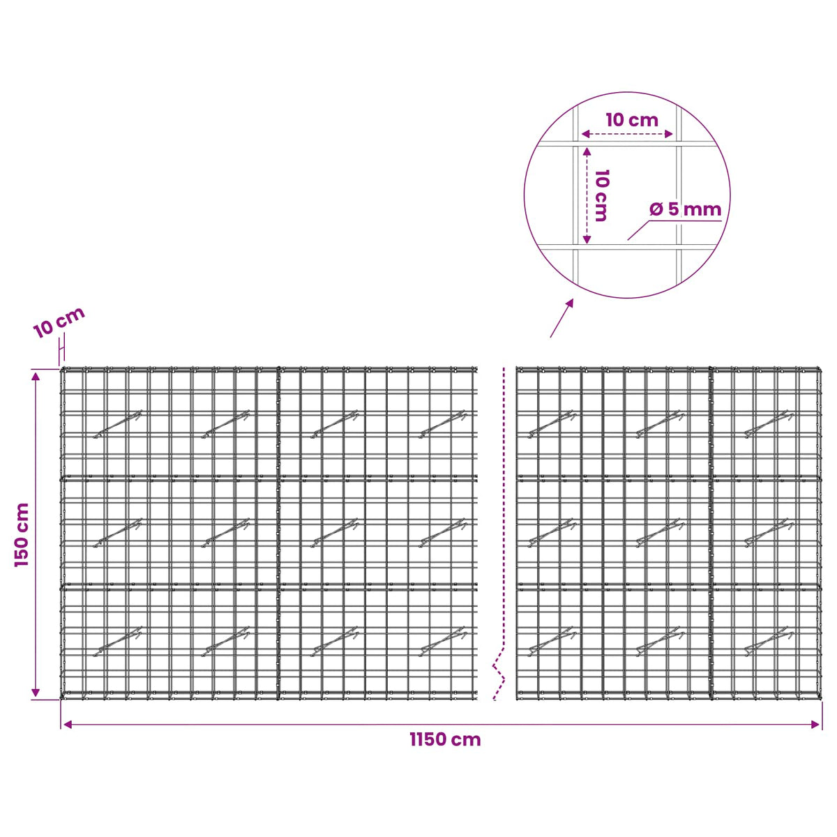 vidaXL Gabion z drutem 5 mm i siatką 10x10 cm 1150x10x150 cm