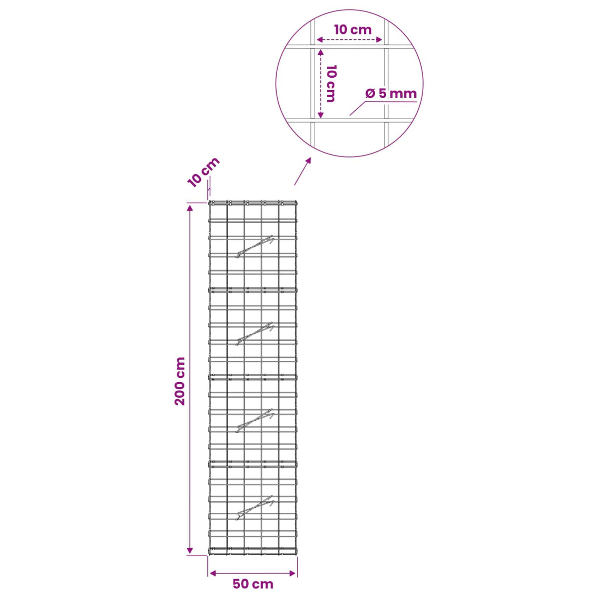 vidaXL Gabion z drutem 5 mm i siatką 10x10 cm 50x10x200 cm