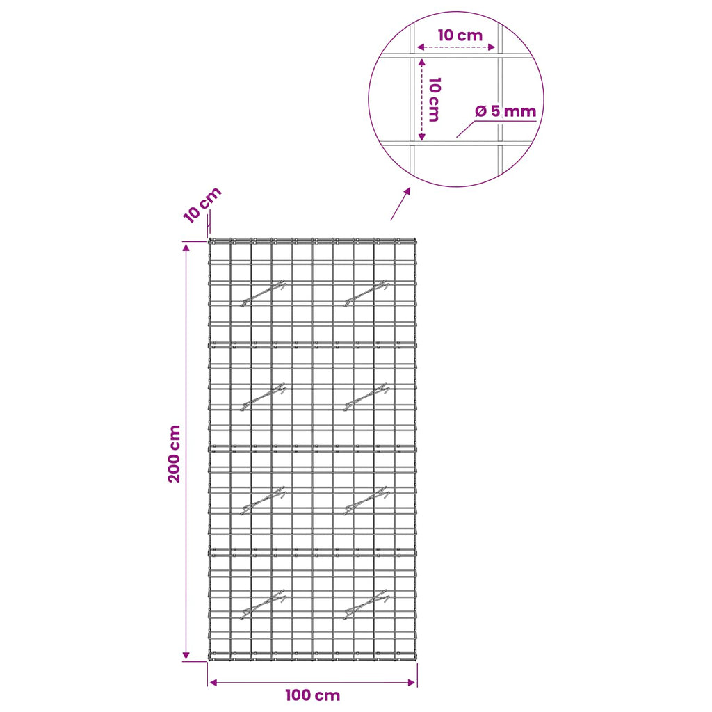 vidaXL Gabion z drutem 5 mm i siatką 10x10 cm 100x10x200 cm