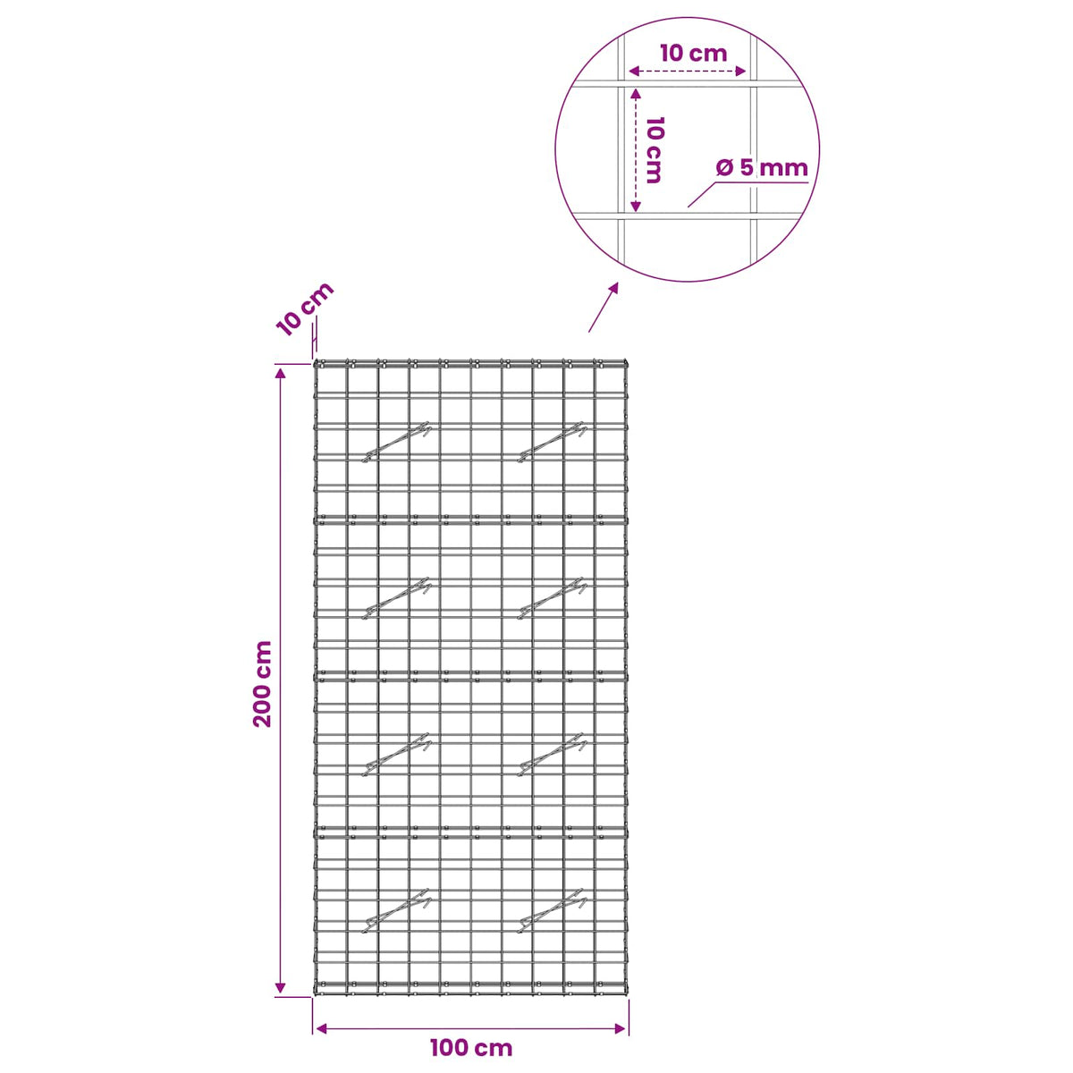vidaXL Gabion z drutem 5 mm i siatką 10x10 cm 100x10x200 cm