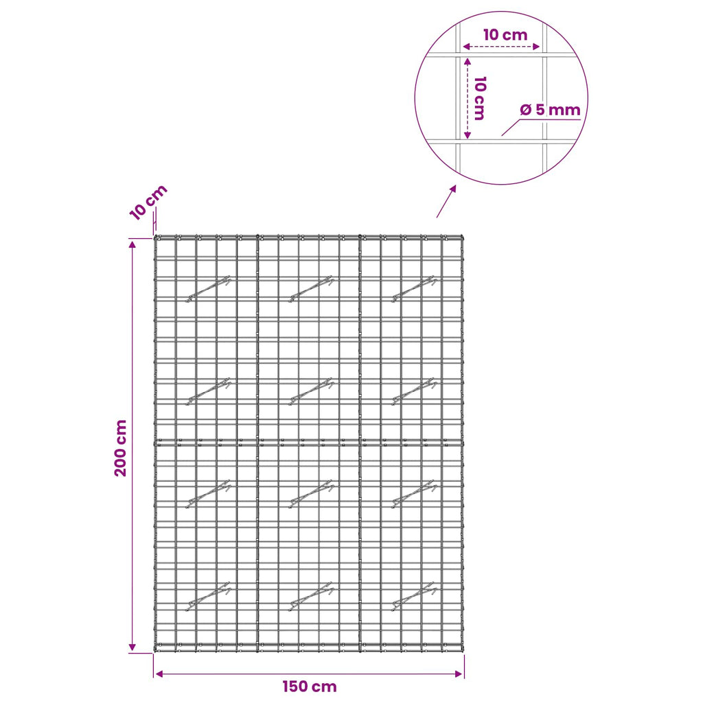 vidaXL Gabion z drutem 5 mm i siatką 10x10 cm 150x10x200 cm