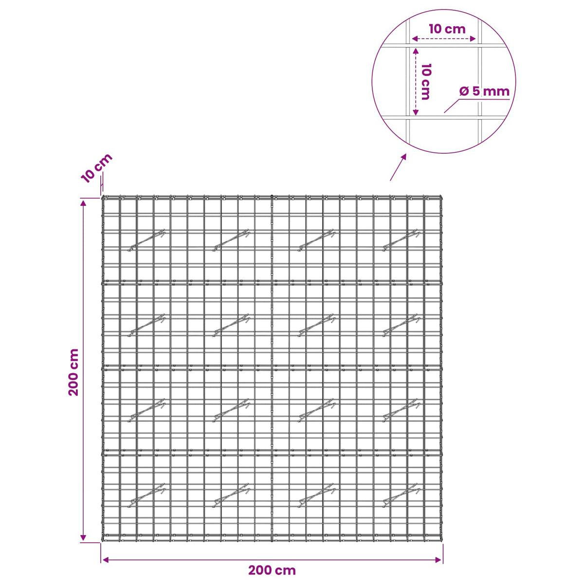 vidaXL Gabion z drutem 5 mm i siatką 10x10 cm 200x10x200 cm