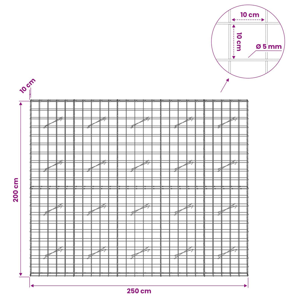vidaXL Gabion z drutem 5 mm i siatką 10x10 cm 250x10x200 cm