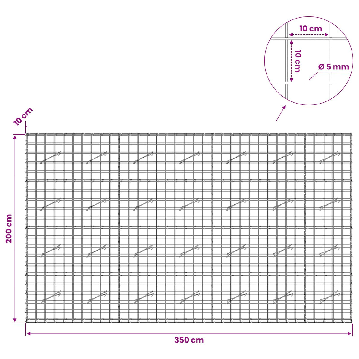vidaXL Gabion z drutem 5 mm i siatką 10x10 cm 350x10x200 cm