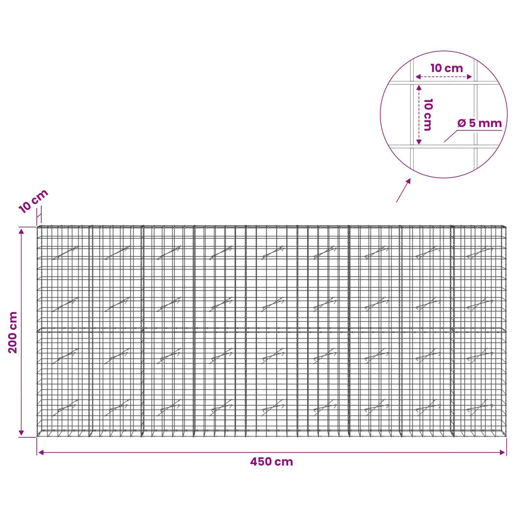 vidaXL Gabion z drutem 5 mm i siatką 10x10 cm 450x10x200 cm