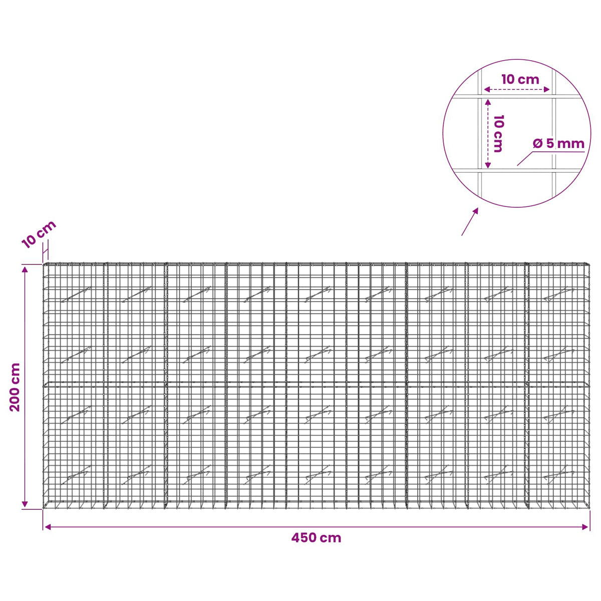 vidaXL Gabion z drutem 5 mm i siatką 10x10 cm 450x10x200 cm