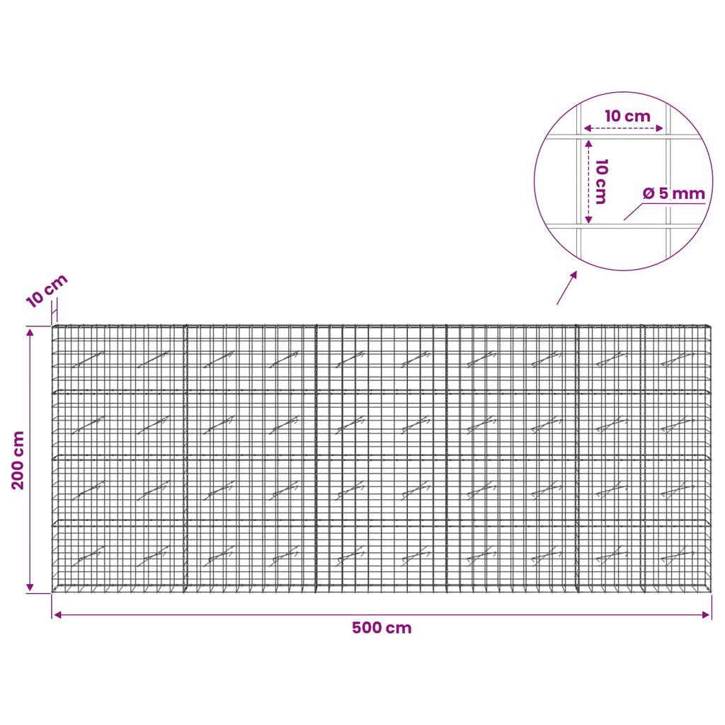 vidaXL Gabion z drutem 5 mm i siatką 10x10 cm 500x10x200 cm