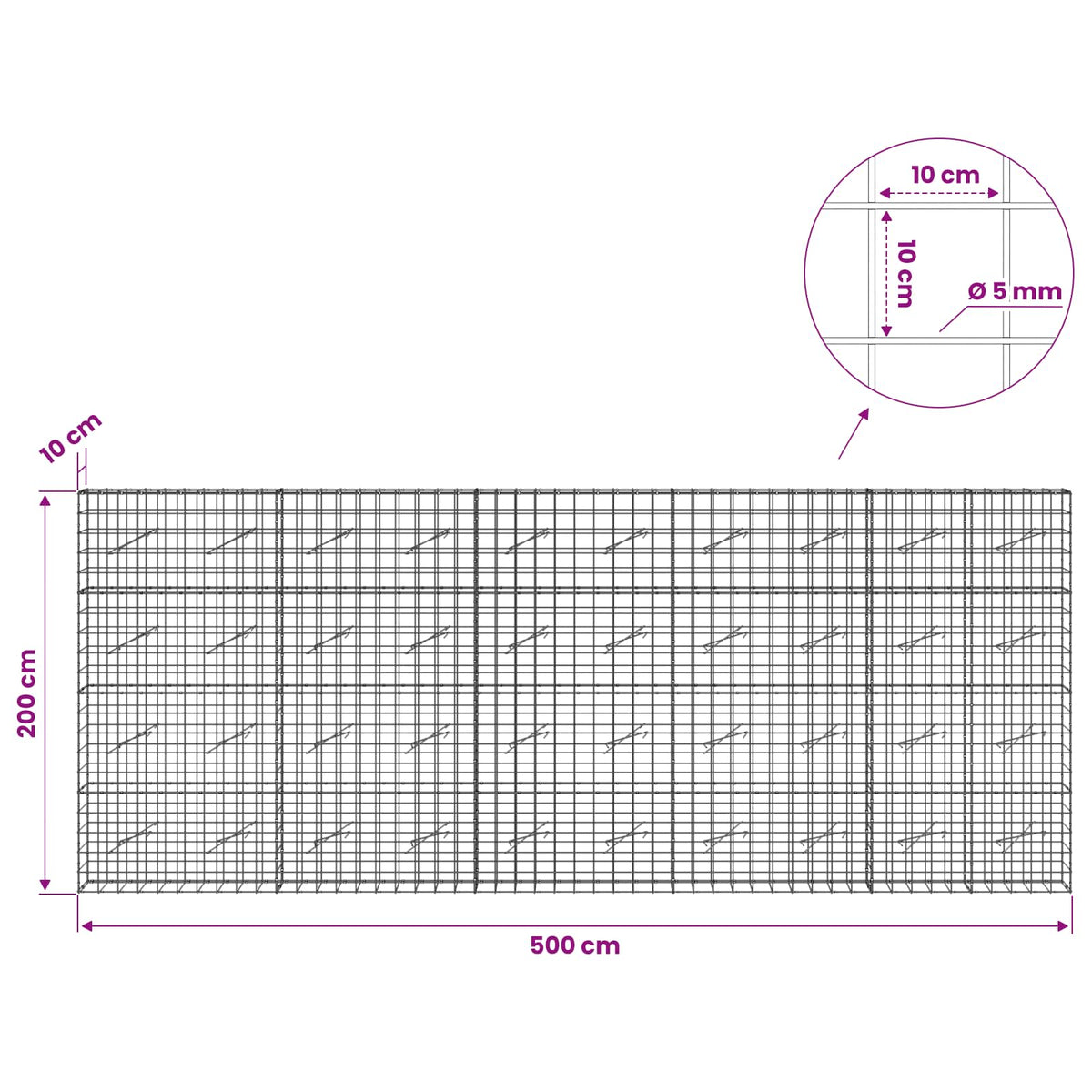 vidaXL Gabion z drutem 5 mm i siatką 10x10 cm 500x10x200 cm