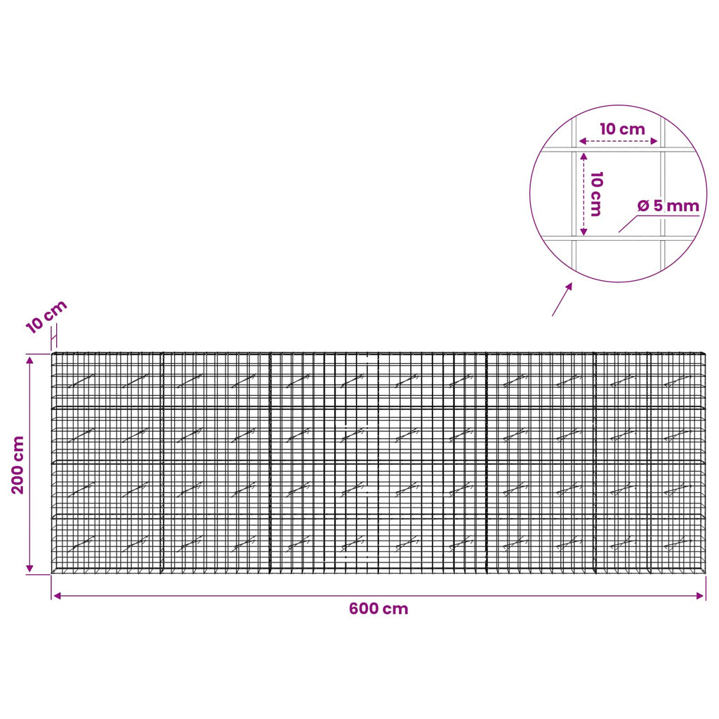 vidaXL Gabion z drutem 5 mm i siatką 10x10 cm 600x10x200 cm