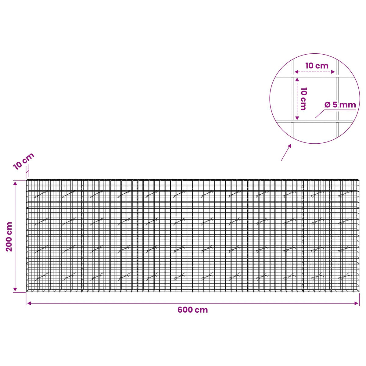 vidaXL Gabion z drutem 5 mm i siatką 10x10 cm 600x10x200 cm