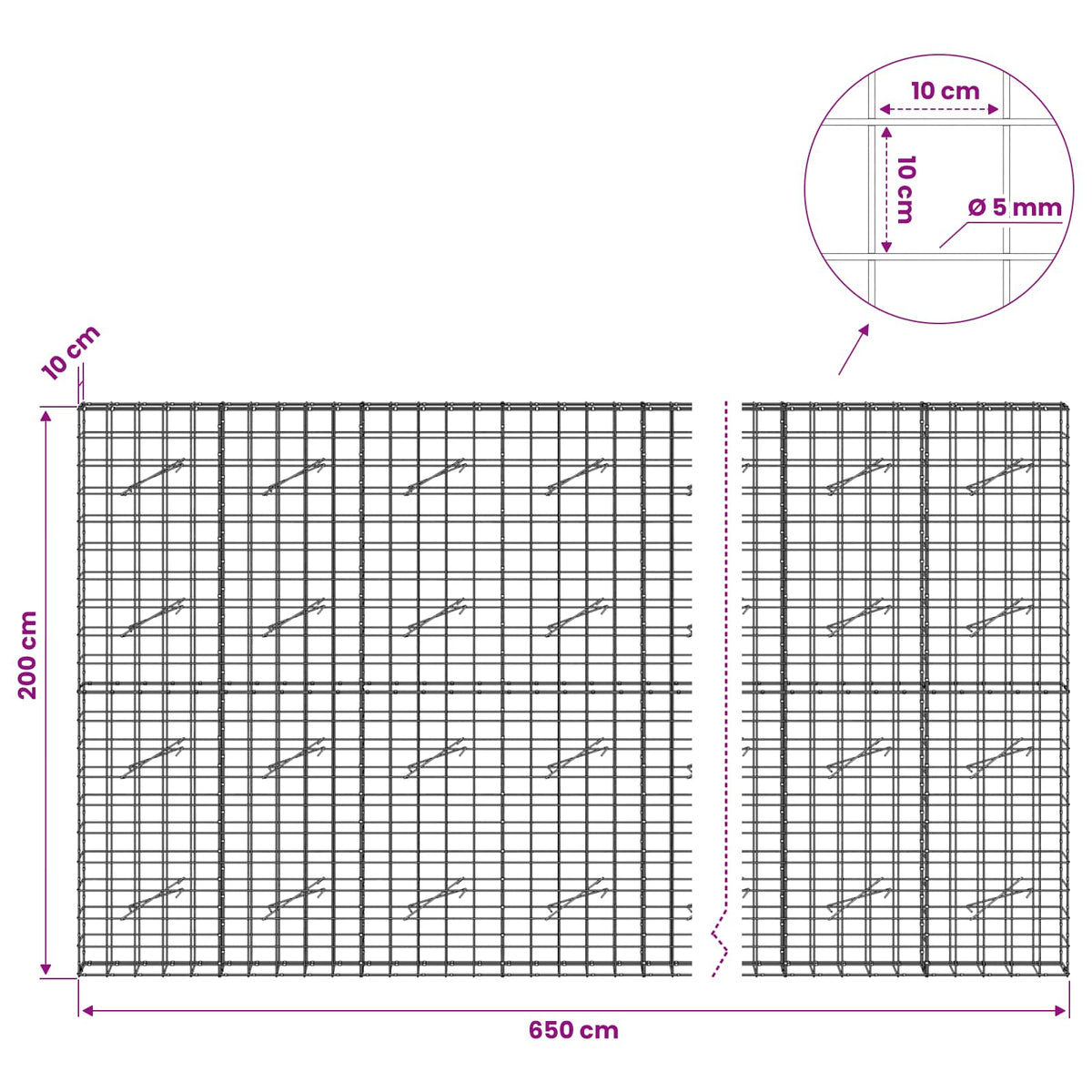 vidaXL Gabion z drutem 5 mm i siatką 10x10 cm 650x10x200 cm