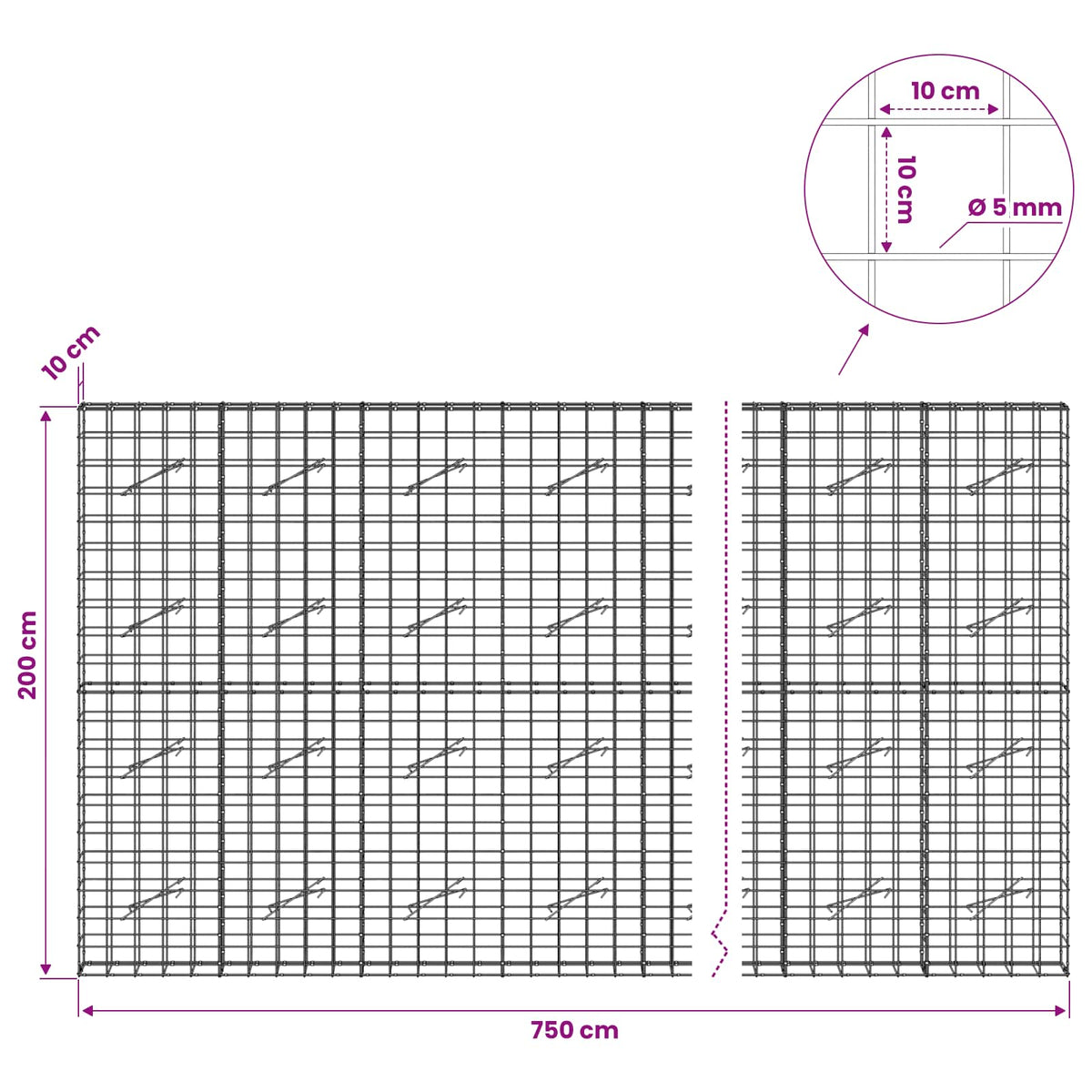 vidaXL Gabion z drutem 5 mm i siatką 10x10 cm 750x10x200 cm
