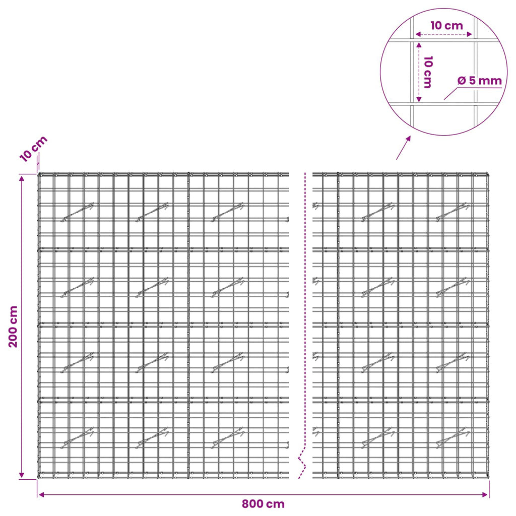 vidaXL Gabion z drutem 5 mm i siatką 10x10 cm 800x10x200 cm
