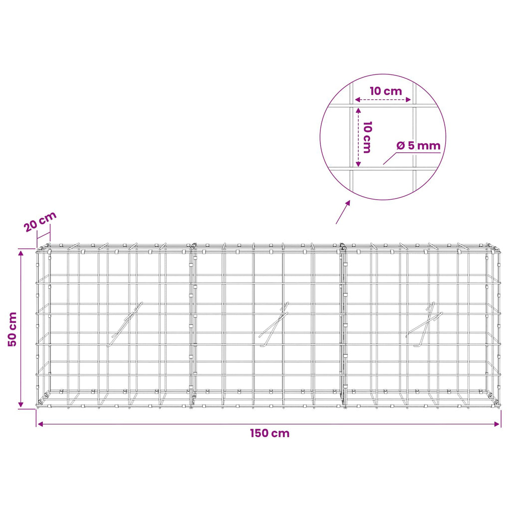 vidaXL Gabion z drutem 5 mm i siatką 10x10 cm 150x20x50 cm